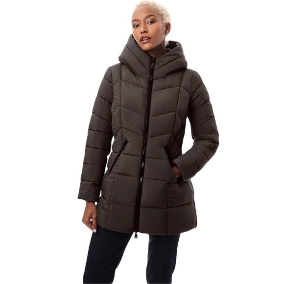Bernardo Women's Puffer Coat Quilted Hooded Jacket Brown Size L - Picture 1 of 16